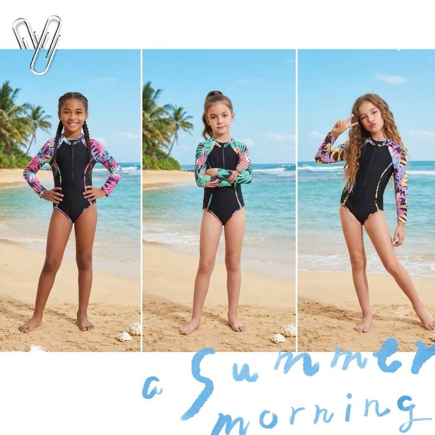 Maiô infantil de manga comprida com proteção solar, fechamento frontal com zíper, ideal para natação.