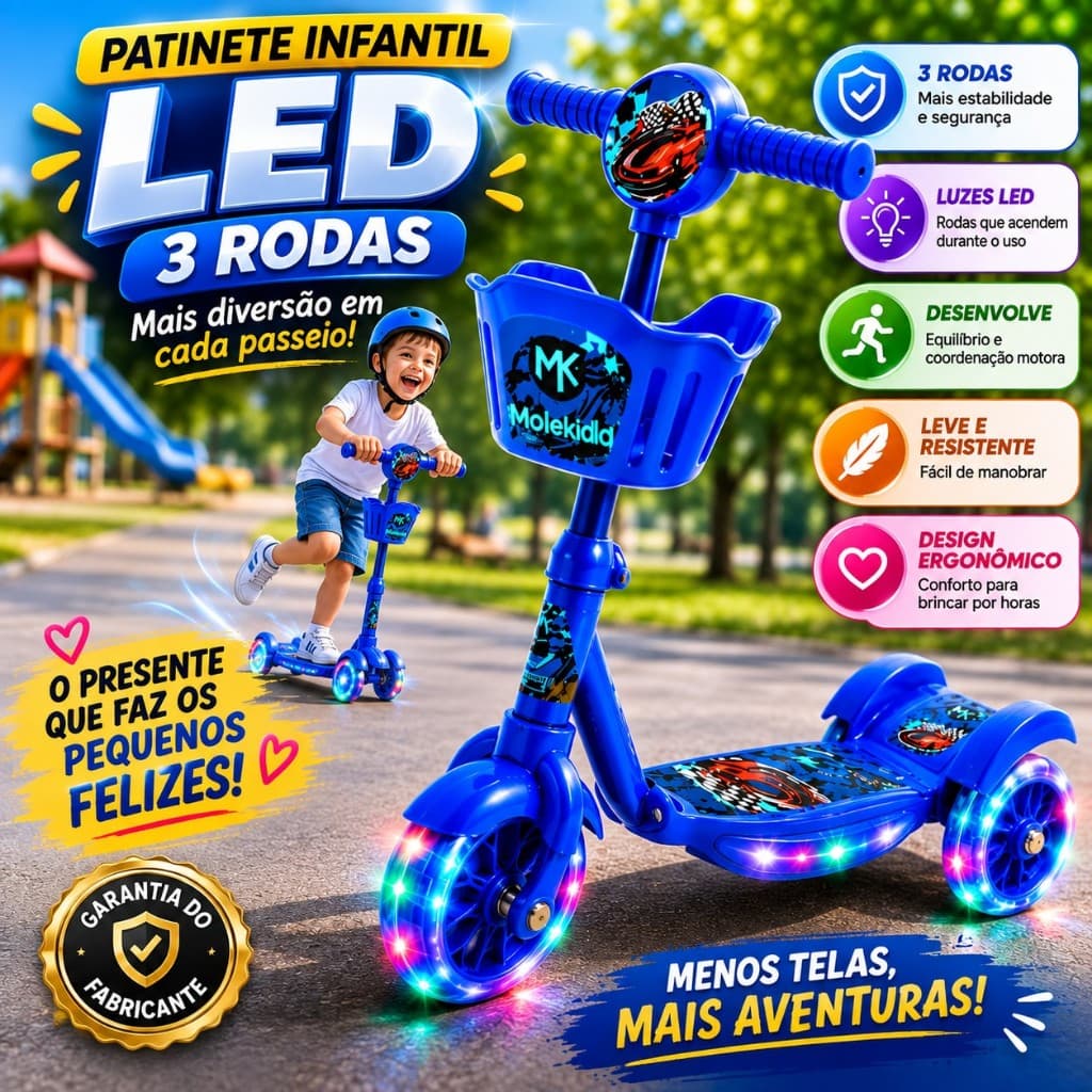 Patinete Infantil LED 3 Rodas com Luzes Coloridas | Altura do Guidão Ajustável | Estável e Resistente