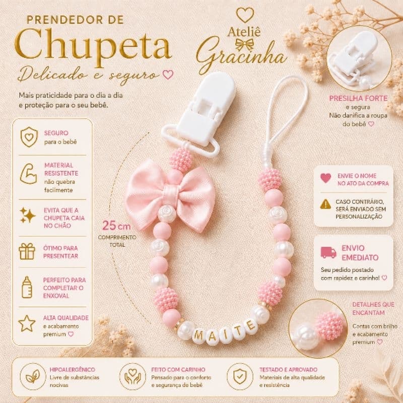 Prendedor de Chupeta para Bebê | Personalizado com Nome | Laço e Pérolas