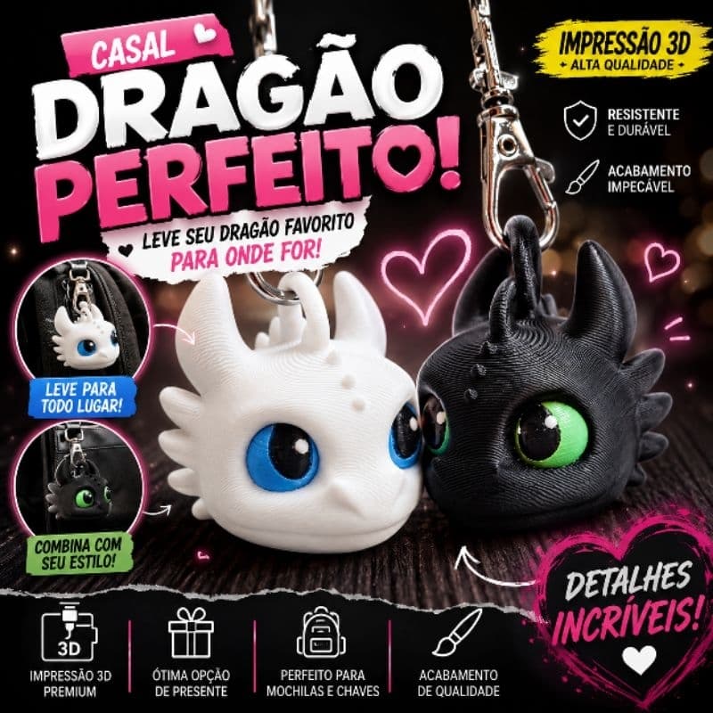 ✨ Chaveiro Dragão Casal Premium | Branco & Preto | Presente Geek Fofo | Mochila e Chaves