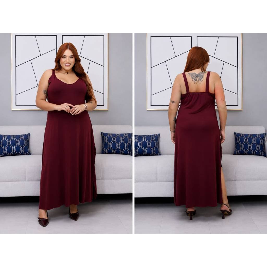 Vestido Longo Plus Size em Viscolycra com Fenda Lateral, Alças Largas e  Diversas cores  (Tamanhos 46 ao 54)