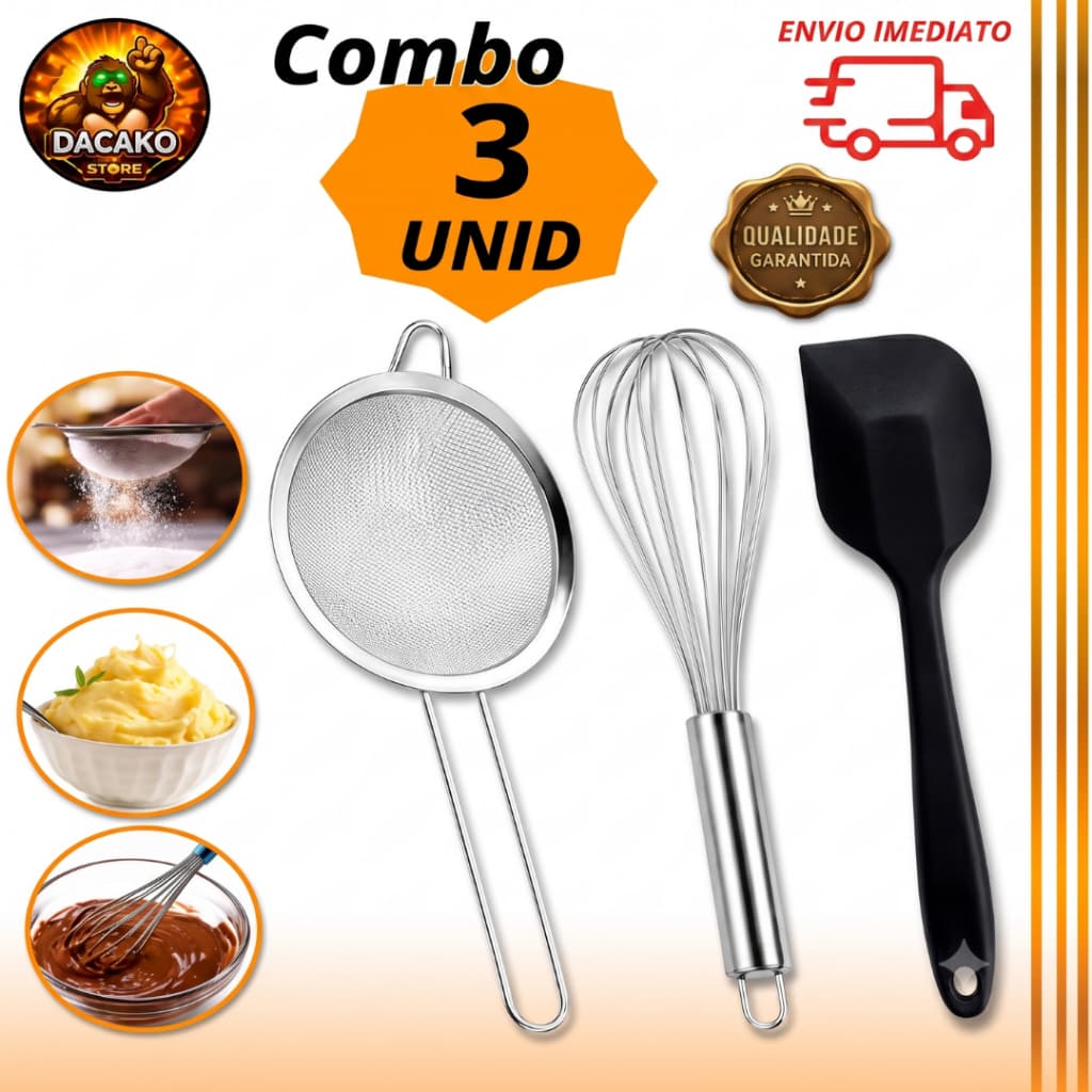 Combo Espátula Reta Silicone Pão Duro, Peneira Coador 18cm e Fue Inox Bolo Massa Confeitaria Gourmet