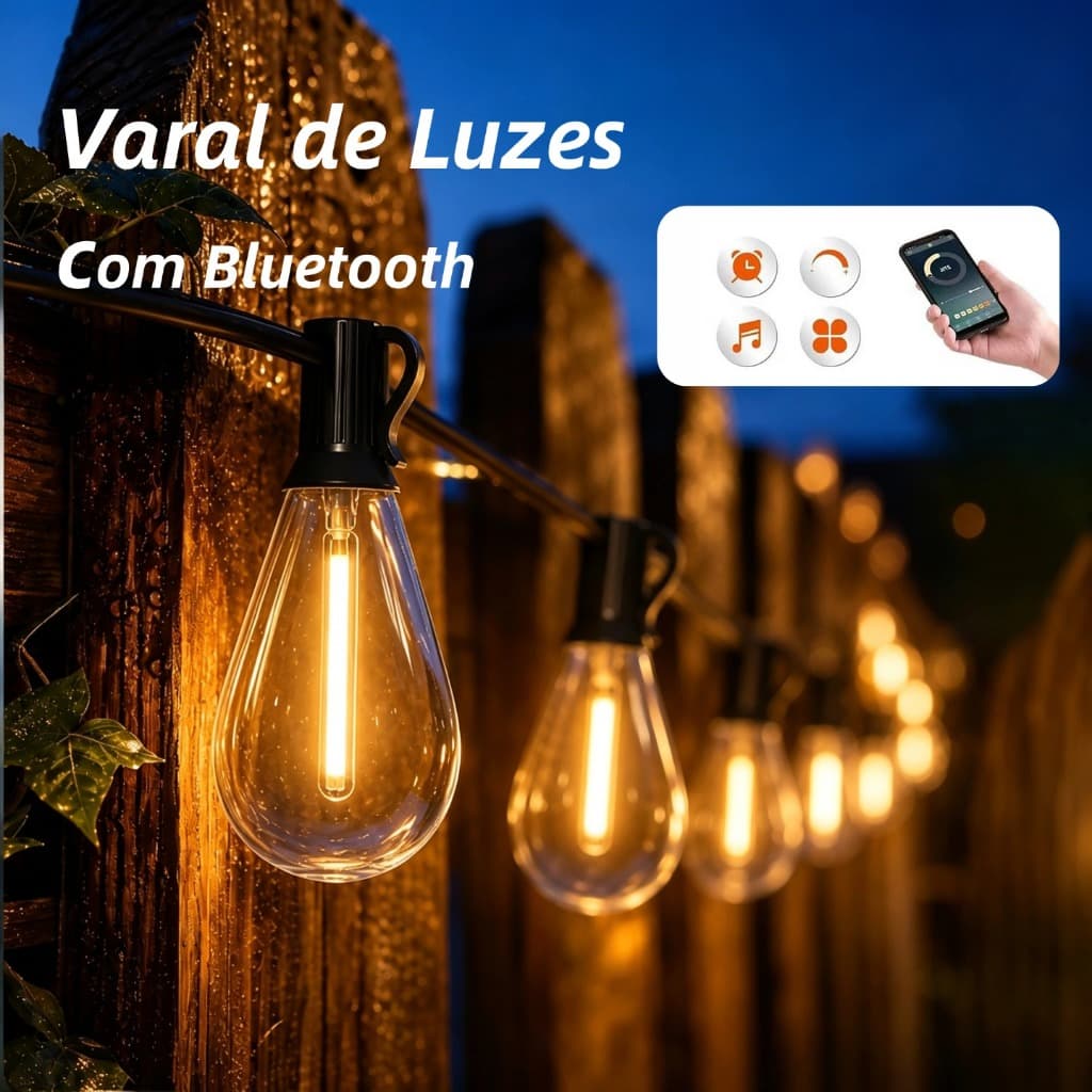 Varal Luze Bluetooth Cordão de Luzes Decorativas 30m IP65 - Resistente à Água e Instalação Fácil