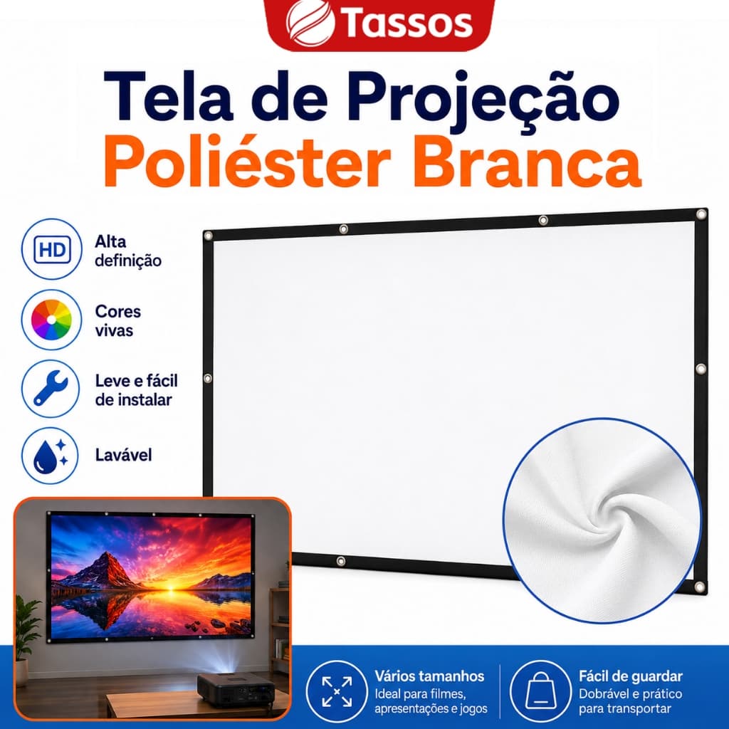 TASSOS Tela de Projeção 100/120 Polegadas Poliéster Branca HD com Ilhós + Ganchos Adesivos | Tela para Projetor Cinema