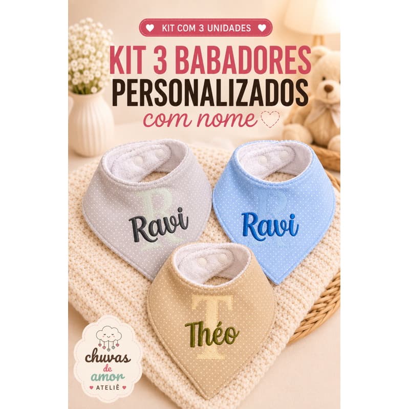 Kit 3 Babadores Bandana Personalizados com Nome Bordado 100% Algodão