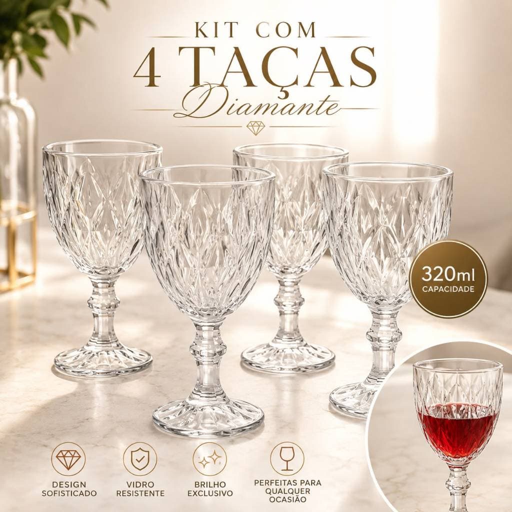 Jogo com 4 Taças Diamond de Vidro 320ml Elegante Cristal para Vinho Whisky Água e Drinks