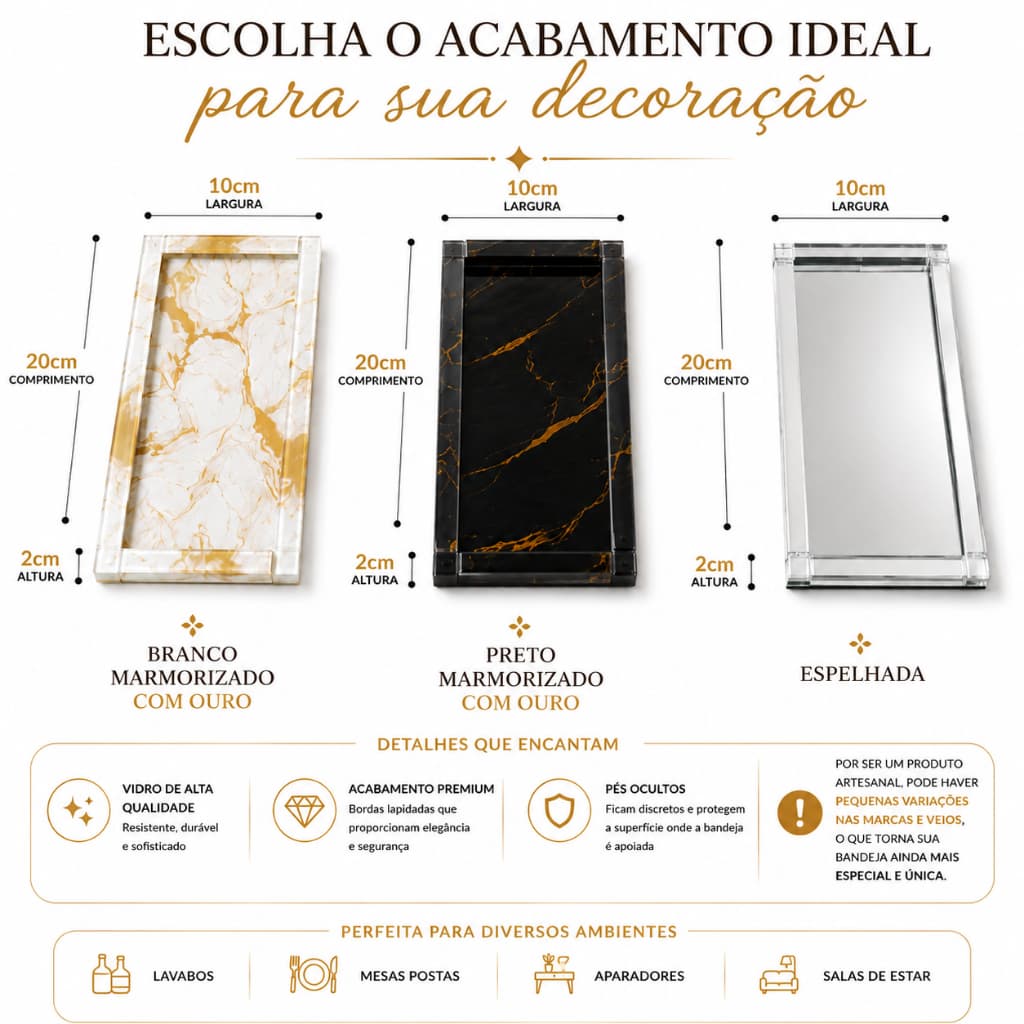 Bandejas Decorativa Vidro  20cm x 10cm x 2cm Cores  Branco Marmorizado+Preto Marmorizado+Espelhado