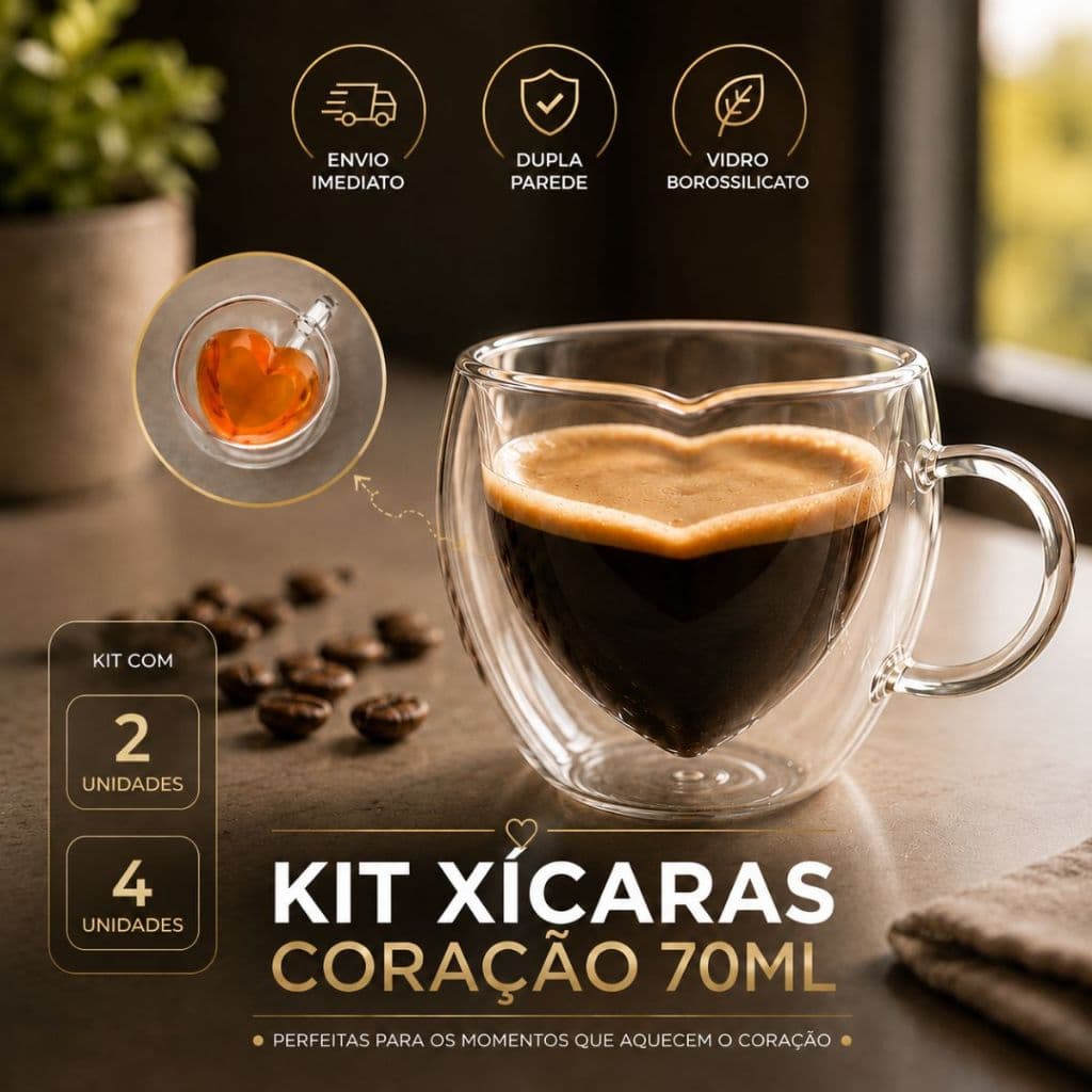 Kit até 4 Xícara Vidro Borossilicato Dupla Parede Coração Café Espresso Chá Transparente Premium