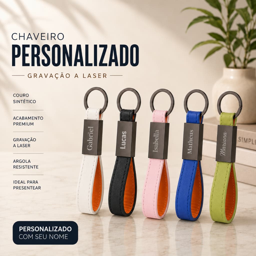 Chaveiro Metal Personalizado com Couro Sintético Argola De Qualidade Ideal Para Presente Feminino Masculino