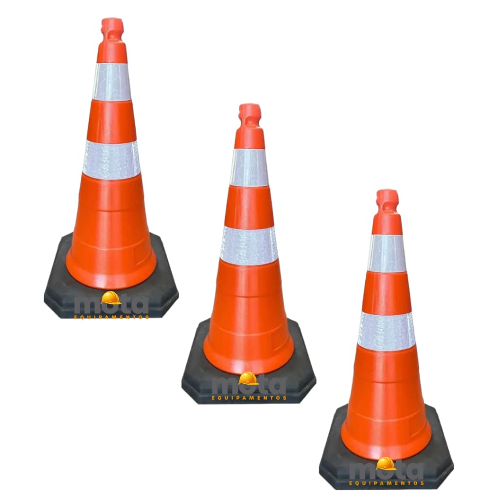 Kit 3 Cones De Sinalização 75cm Laranja Base Preta Com Refletivo Trânsito Estacionamento