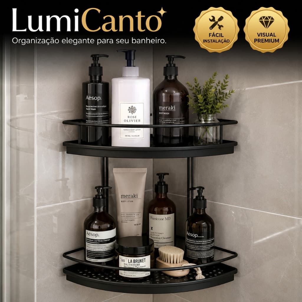Suporte Organizador de Canto para Box Banheiro 2 Andares Porta Shampoo Preto com Kit de Fixação LumiCanto