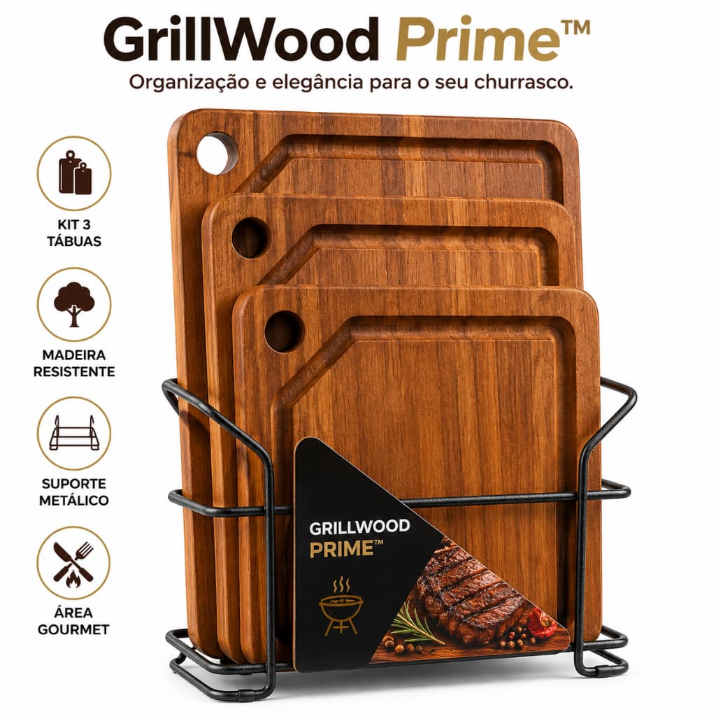 Kit 3 Tábuas de Churrasco Madeira com Suporte Organizador de Metal Tábua para Carne Petiscos Área Gourmet