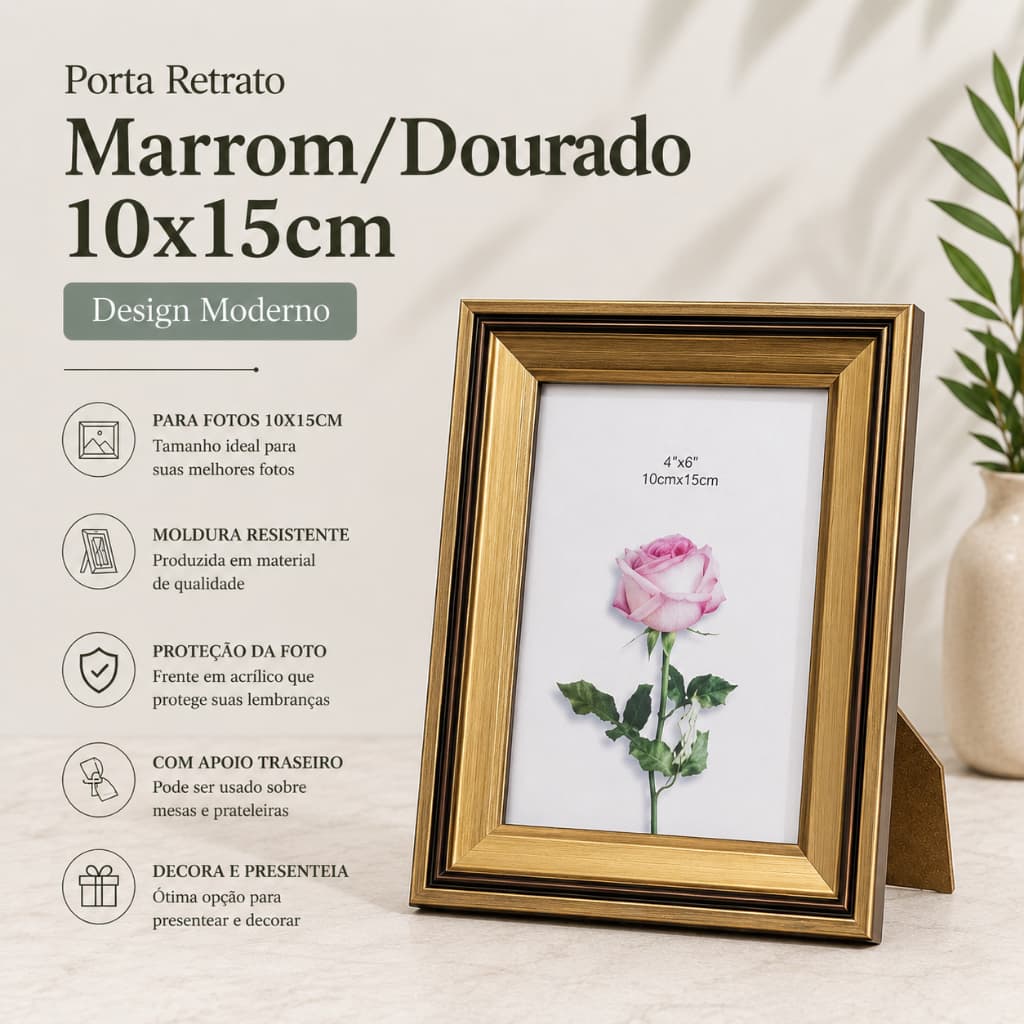 Porta-Retrato de Mesa 10x15 cm Marrom/Dourado Moderno Decorativo para Lar Moldura Porta-Retrato Mesa