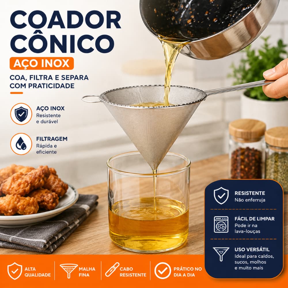 Peneira Cônica 12cm Coador de Óleo Aço Inox com Cabo para Caldo Suco Chá e Molhos