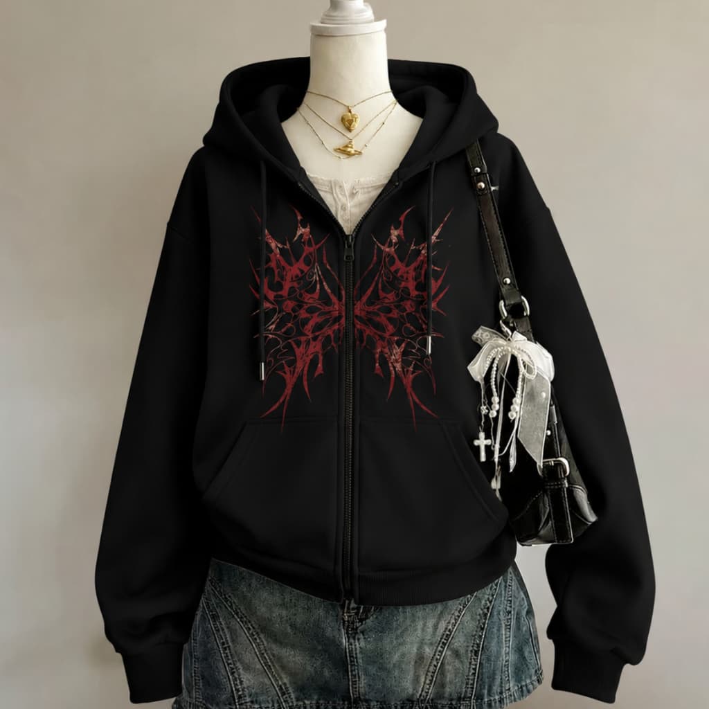 Moletom Ziper Butterfly Dark Vermelha Moda Streetwear Lançamento Gótica Fashion