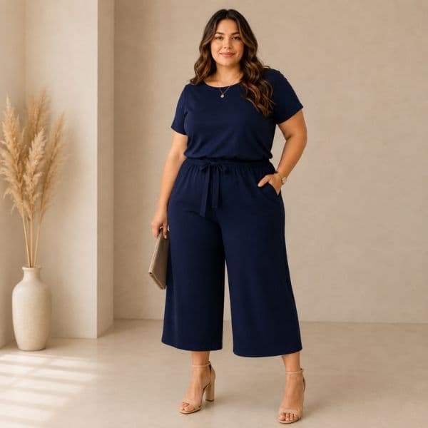 Conjunto Feminino Plus Size Viscolycra Blusa Manga Curta Calça Pantacourt Cintura Alta Casual Elegante Confortável