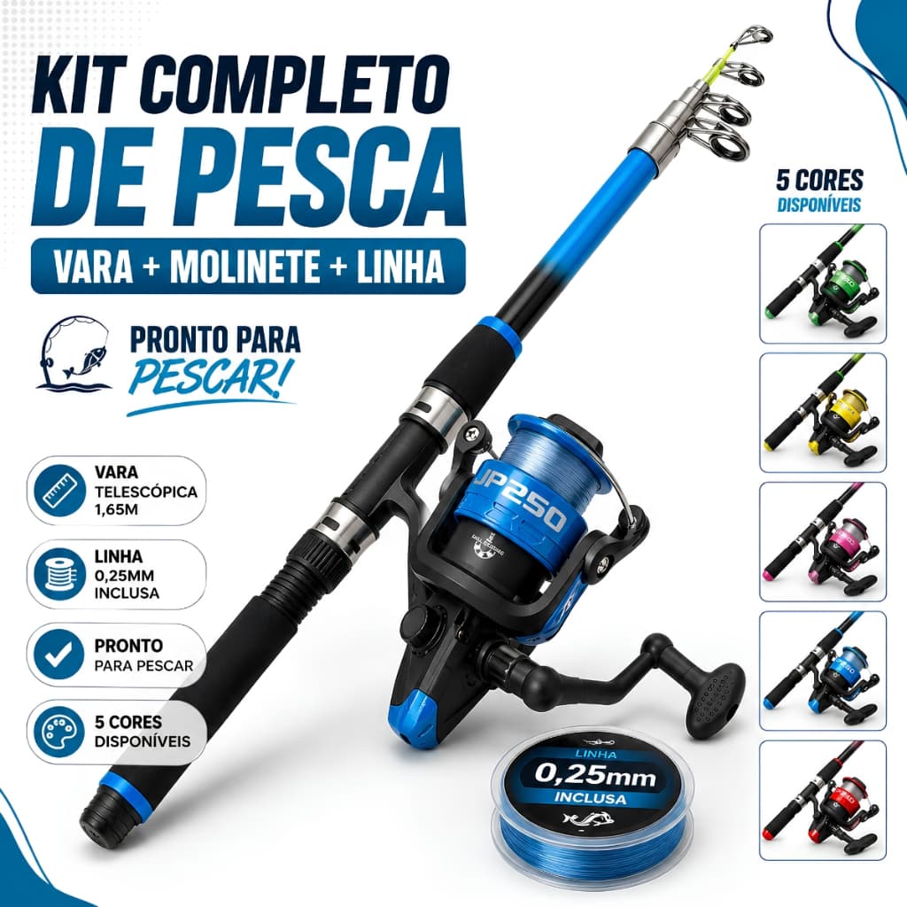 Vara De Pesca Com Molinete Azul Rosa Verde Amarelo Vermelho Com Linha 0,25mm Pescar