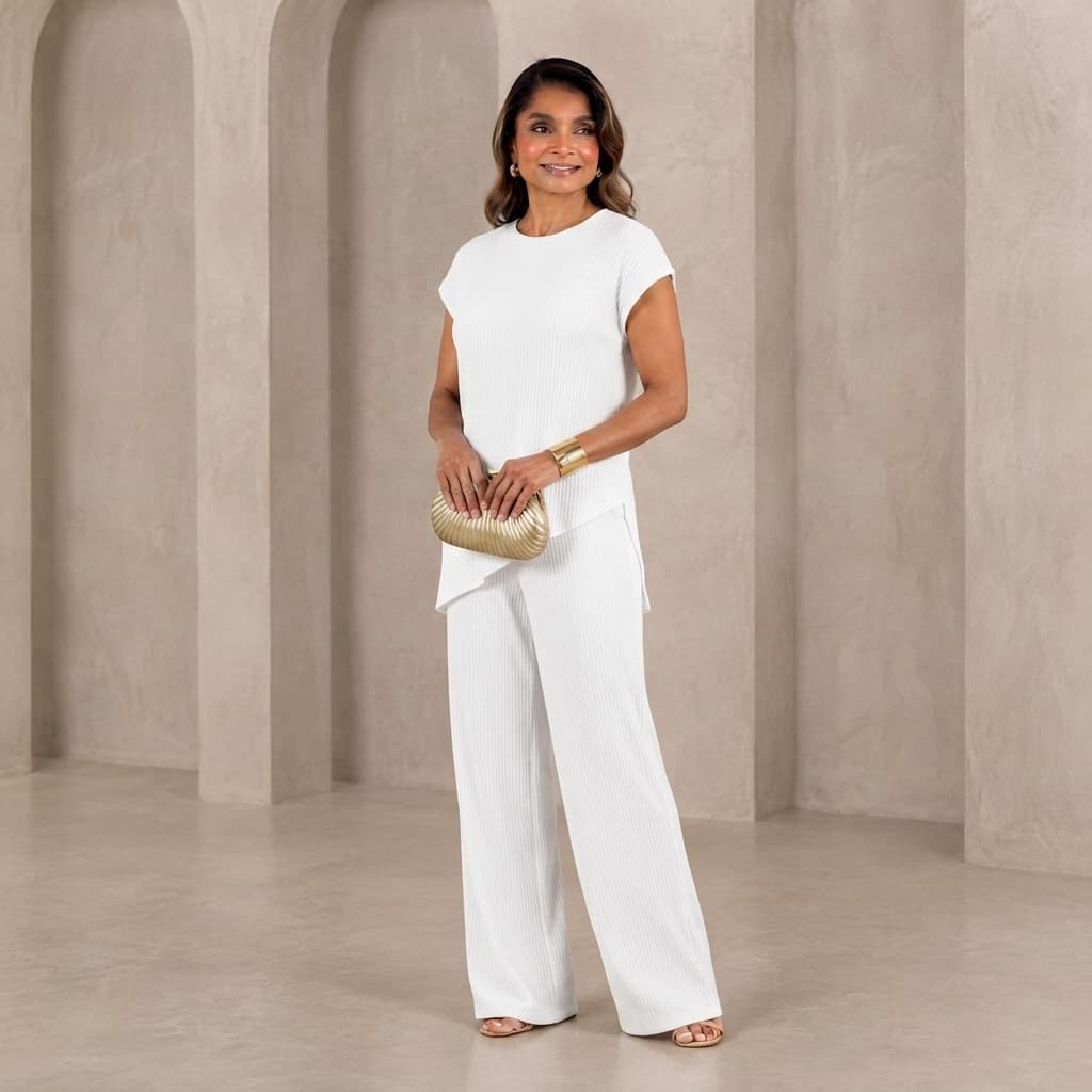 Conjunto Canelado Duas Peças Elegante Blusa Manga Curta Assimetrica e Calça Pantalona