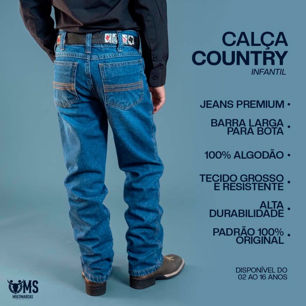 Calça Jeans Infantil Country Masculina Cowboy Rodeio Premium Estilo Agro Festa Junina
