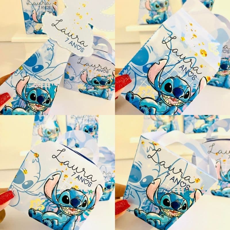 Kit Caixinhas Stitch Azul Menino Menina Papelaria Personalizada Festa Aniversário Caixa DESMONTADO