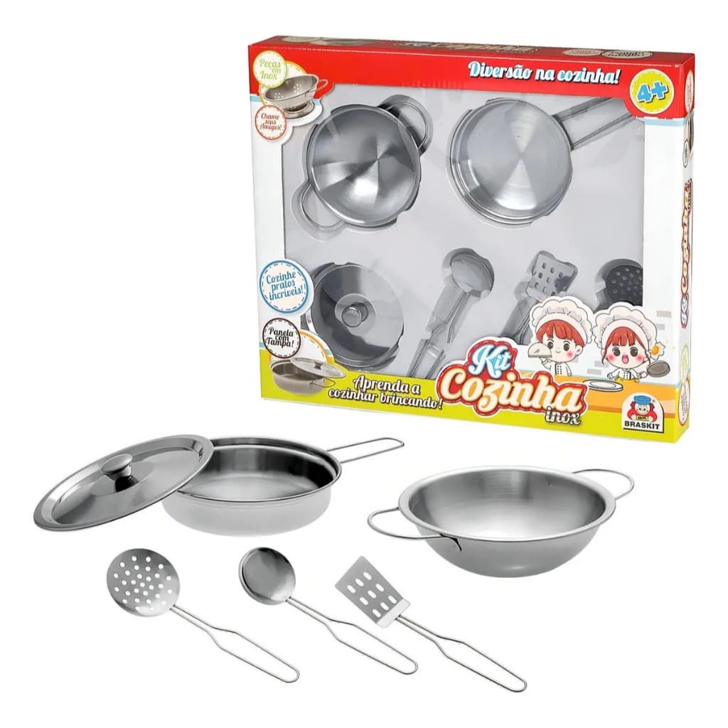 Kit Cozinha Infantil Inox Panelinhas Talheres Utensílios Brinquedo Faz De Conta Com Tacho Braskit