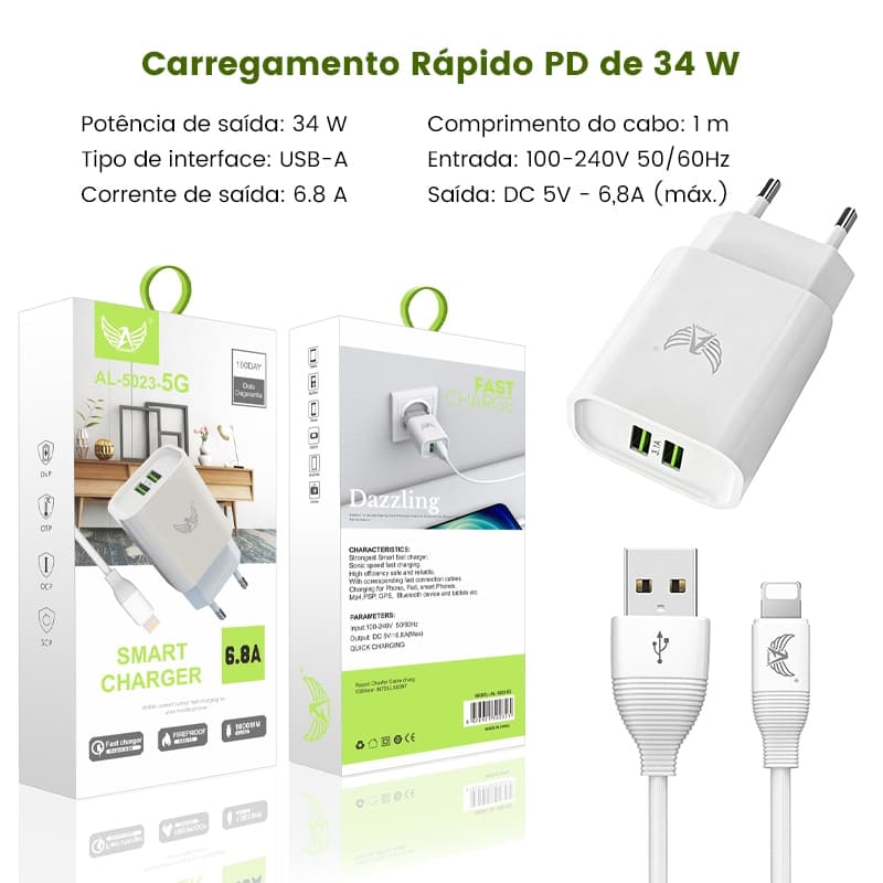 Carregador Ltomex Turbo USB 2 Portas 3.1A para Carregamento Rápido