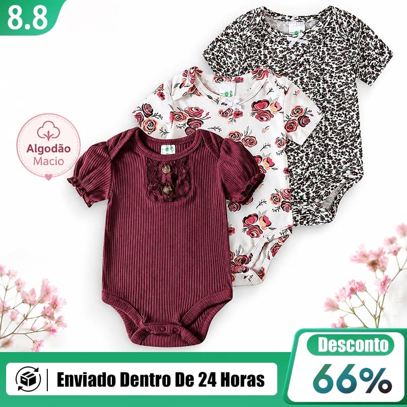 Kit 3 Bodies Bebê Menina Manga Curta Floral em Tons Terrosos