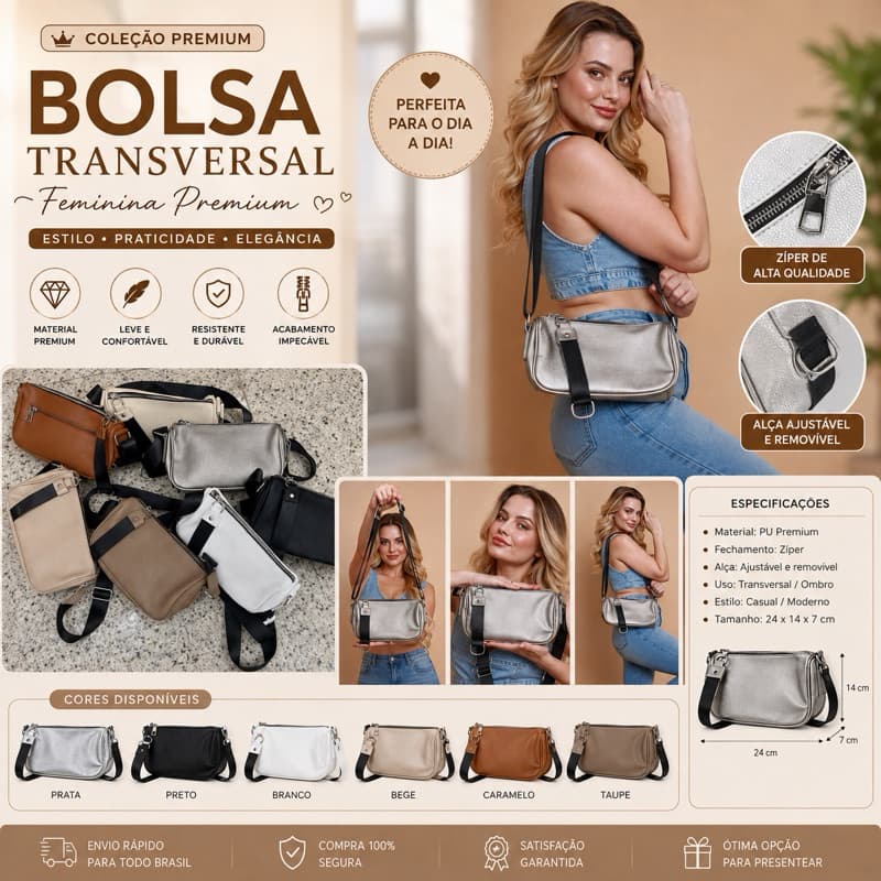 Bolsa Transversal Feminina Premium Compacta • Elegante • Super Espaçosa 06114
