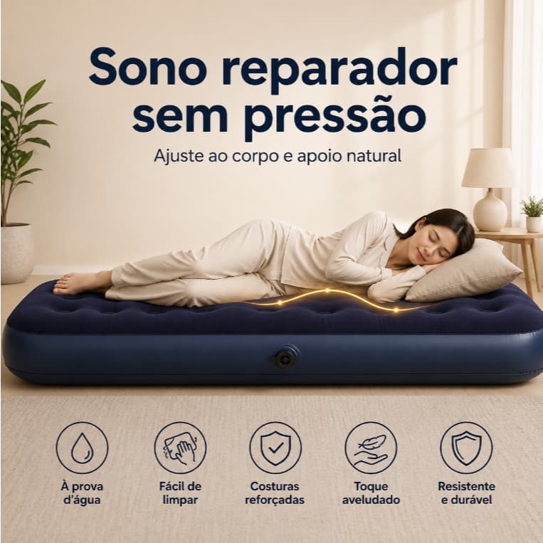 Colchão Inflável Solteiro e Casal Portátil com Superfície Macia e Válvula Rápida para Casa, Viagem e Camping