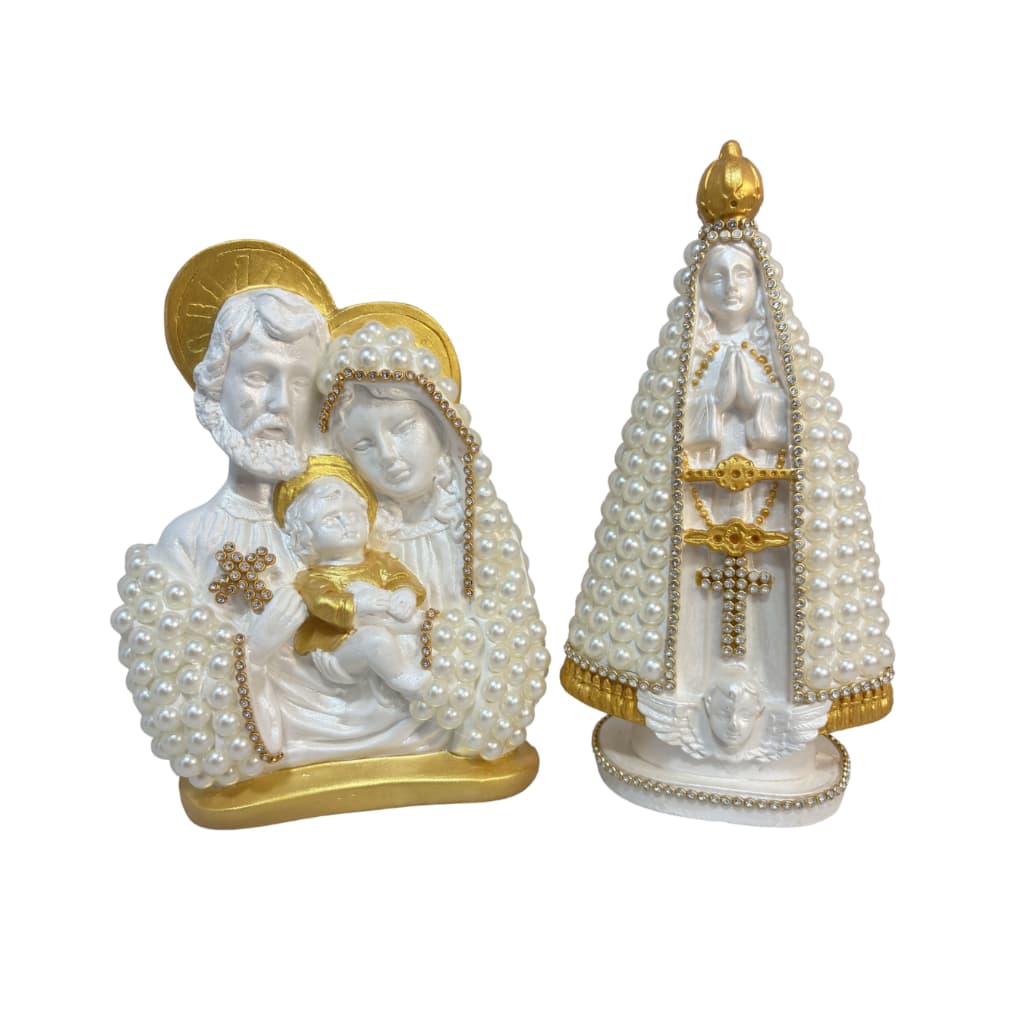 2 Imagens- Sagrada Família Busto e Nossa Senhora Aparecida em Gesso Pintado com Pérolas