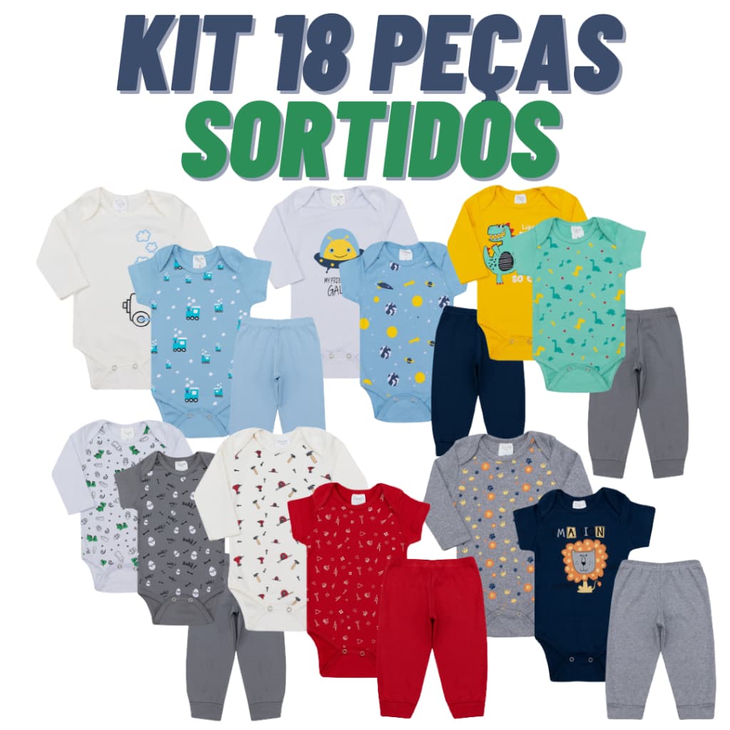 Kit Body 18 Peças de Roupas para Bebê Menino (6 Body Curto 6 Body Curto + 6 Calça Mijão)  Conjunto Bebê