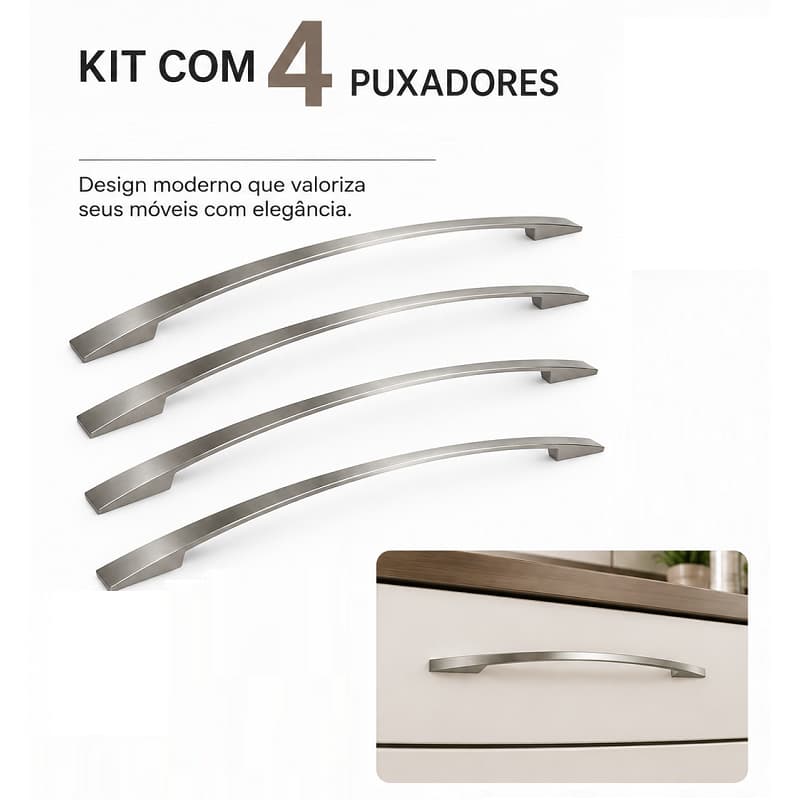 Kit 4 Puxadores IL 2092 Cromado 288mm Alça Curva Moveis Armarios Gavetas Portas