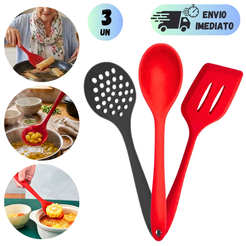 KIT ESPÁTULA VAZADA + COLHER DE ARROZ + ESCUMADEIRA SILICONE RESISTENTE AO CALOR UTENSÍLIOS DE COZINHA