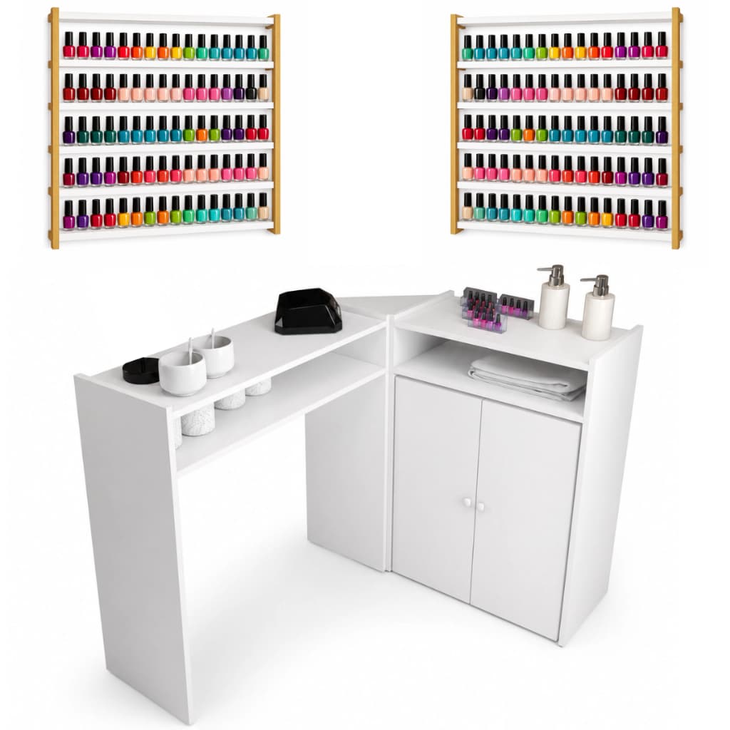 Mesa Manicure Em L Com Portas + 2 Esmalteria Grande Em Metal Industrial Super Resistente Kit