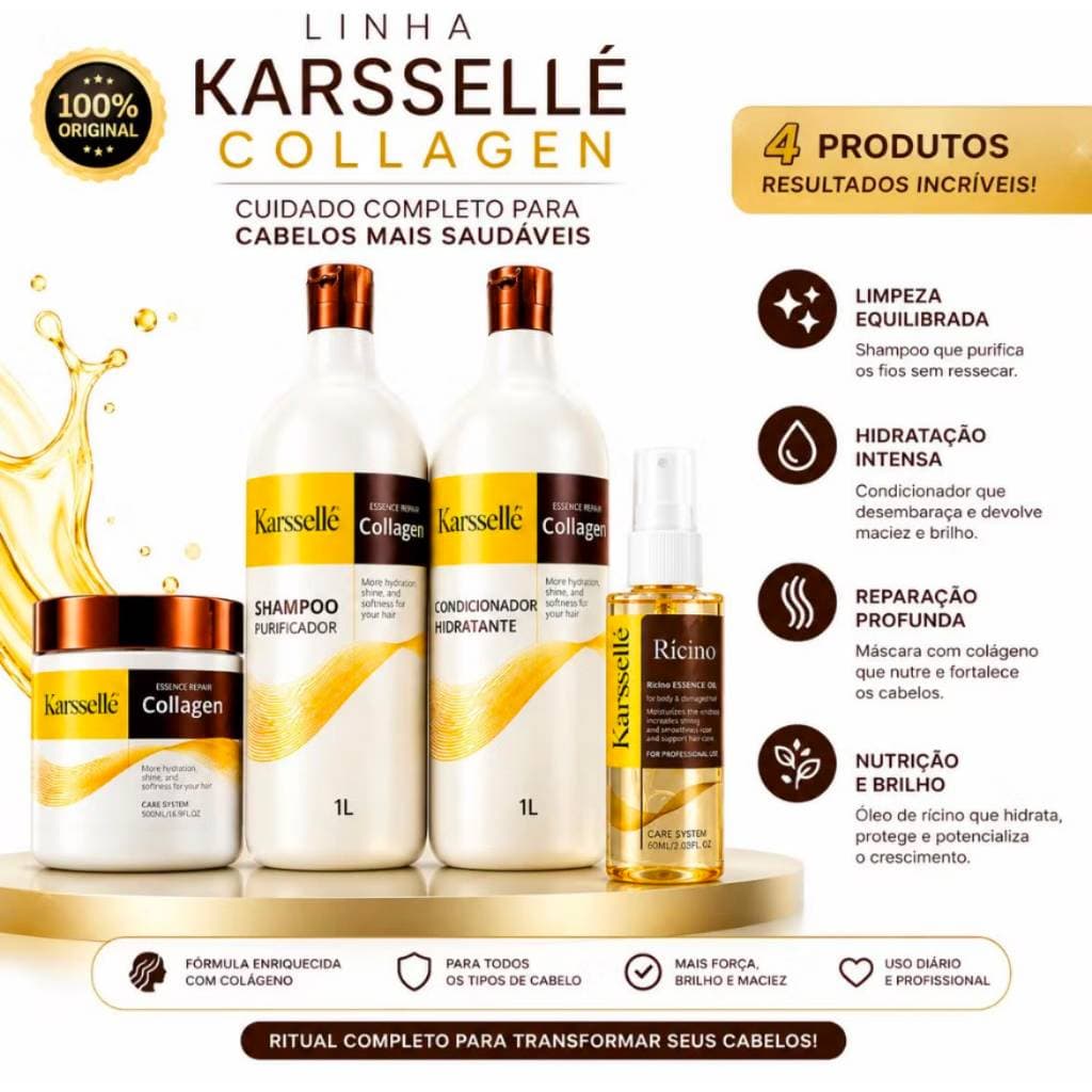 Kit Perfeito Karssellé - Shampo 1L + Condicionador 1L + Máscara Collagen 500g + Óleo 60ml