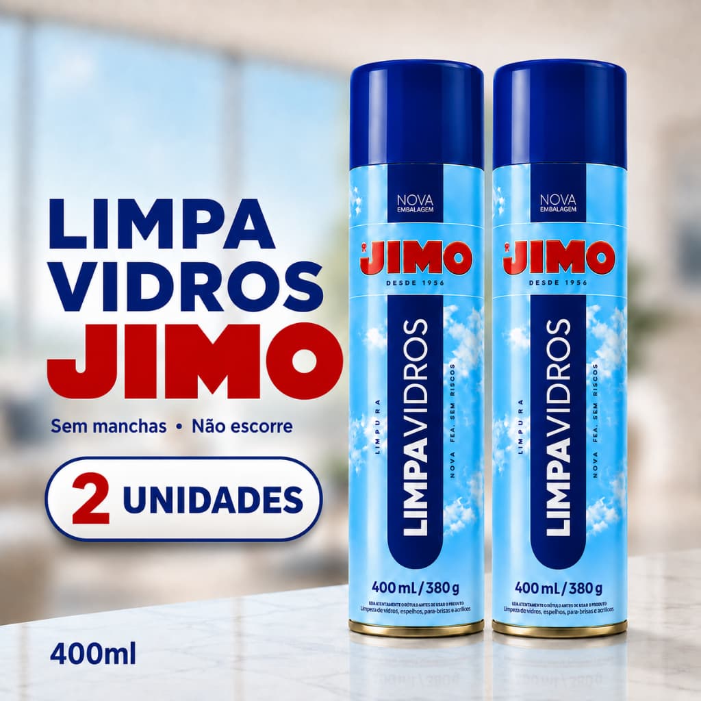 Kit 2 Unidades Limpa Vidros Jimo Espuma Aerosol 400ml Sem Enxágue Não Escorre Vidros Espelhos e Box