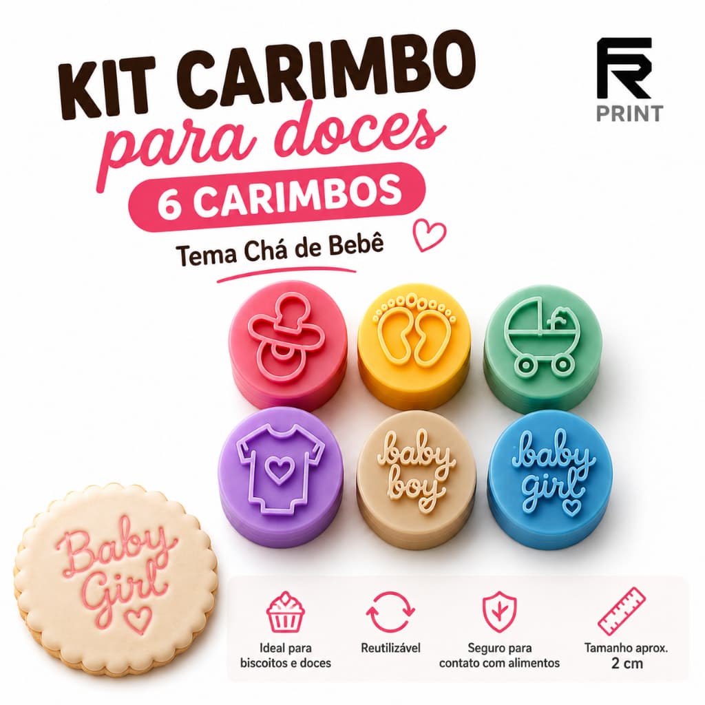 Kit Carimbo para Doces Chá de Bebê 6 Peças | Baby Boy, Baby Girl, Body, Carrinho, Chupeta e Pezinhos | Confeitaria