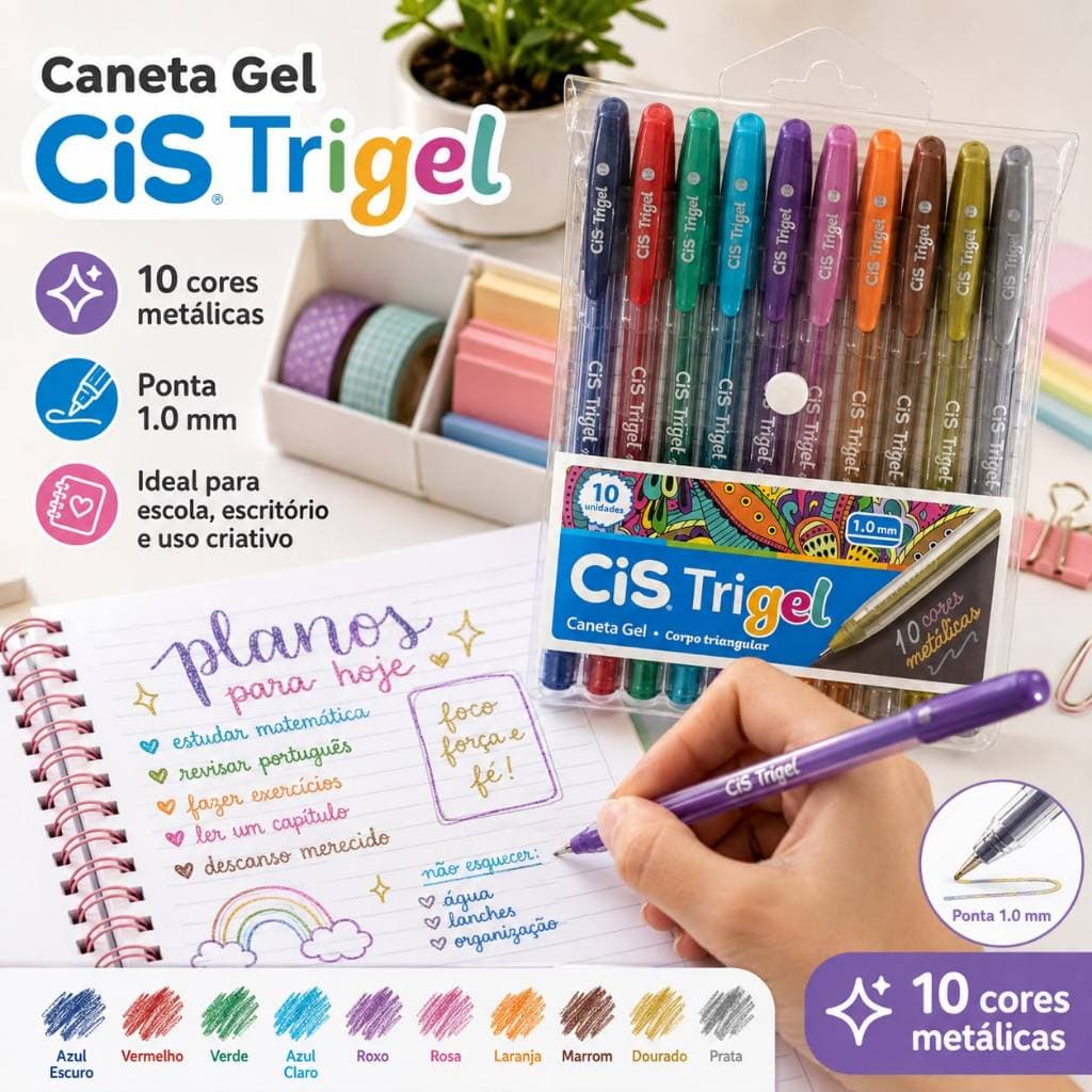 Caneta Gel Metálica CIS Trigel Kit 10 Cores Ponta 1.0 mm Escolar Lettering