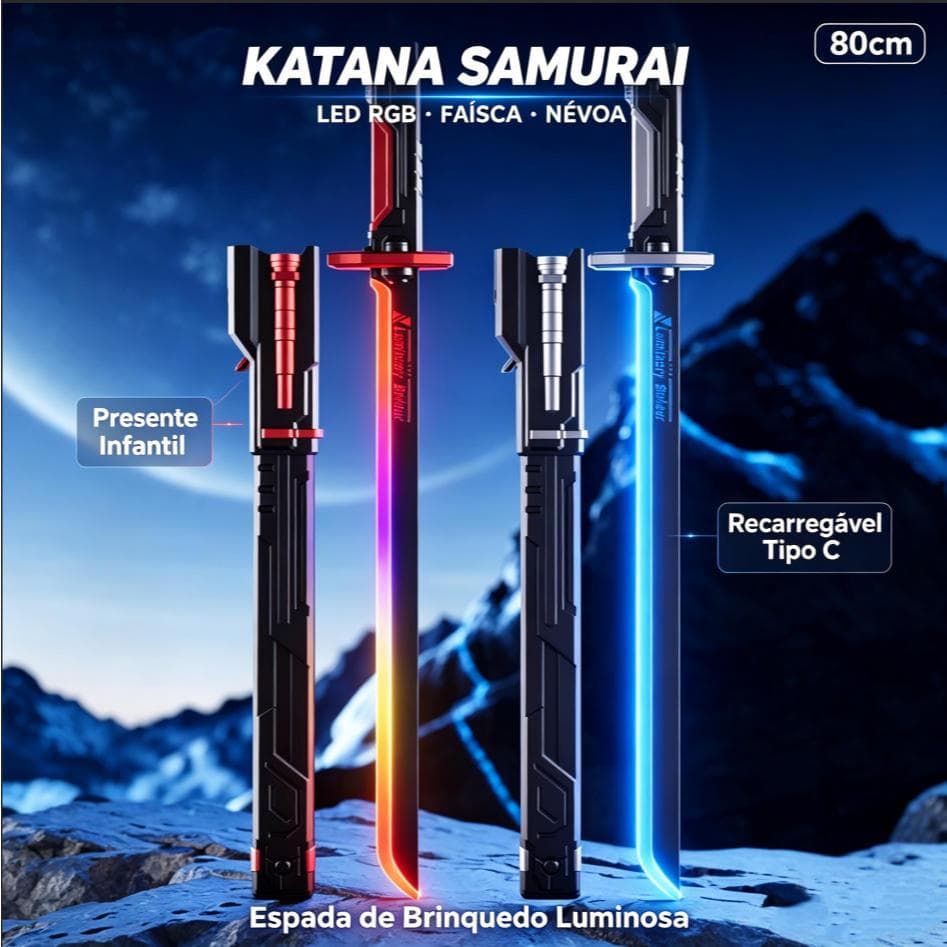 Com luzes LED RGB, efeitos de fumaça e faíscas, este sabre de luz/katana para jogos de 80 cm