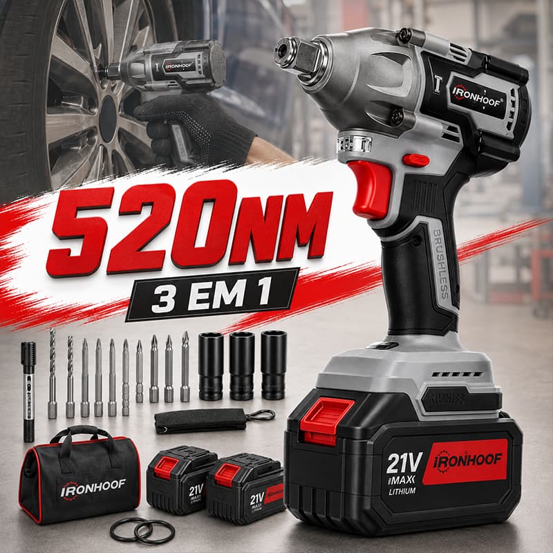 Chave de Impacto 520Nm Parafusadeira Furadeira 3 em 1 Brushless 2 Baterias Carregador Bivolt