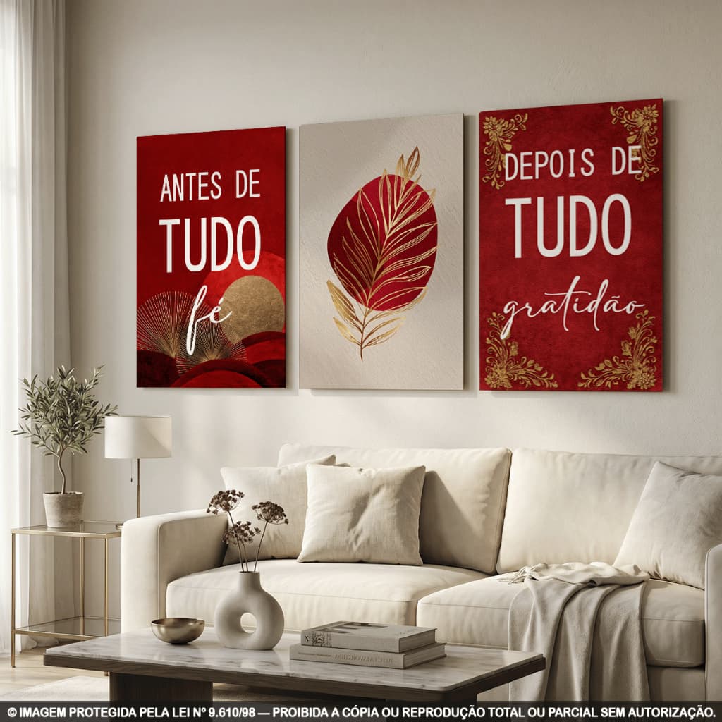 Quadros Decorativos Frases Motivacionais Vermelho Dourado Fé Gratidão Elegante Sala