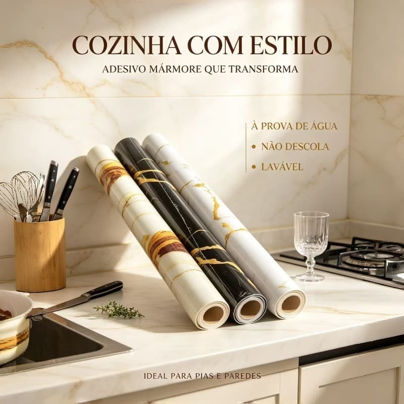 Papel de parede impermeável imitando mármore para cozinha