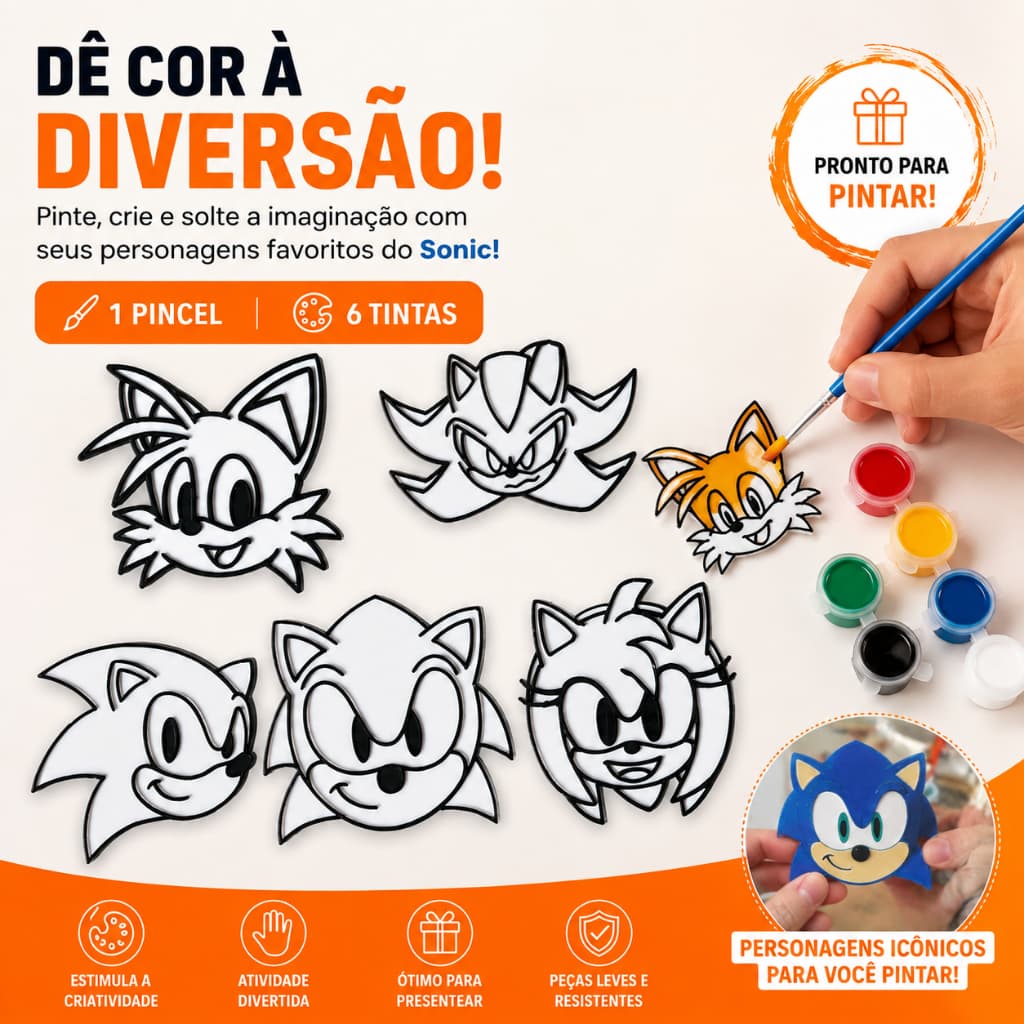 Kit Pintura Sonic Personagens 5 Peças Tintas Pincel Diversão Criança