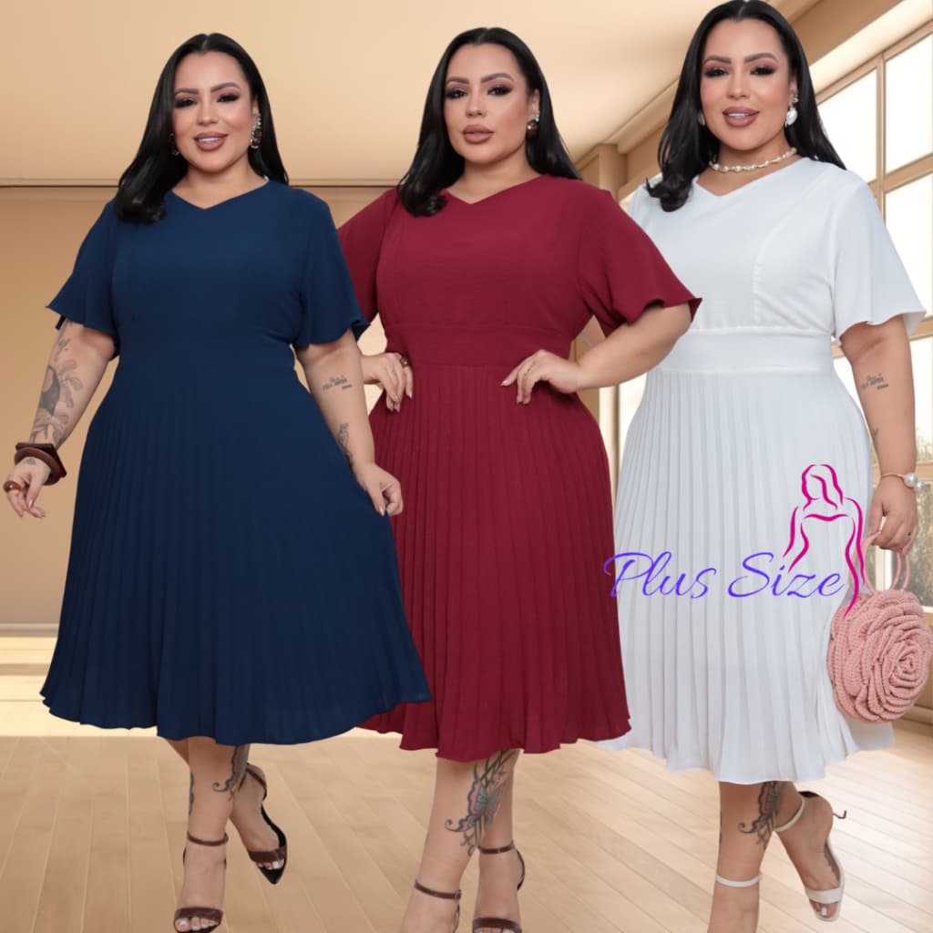 Vestido Feminino Mídi Com Saia PLISSADO Plus Size com Lástex no cos das Costas Moda Evangélica VS