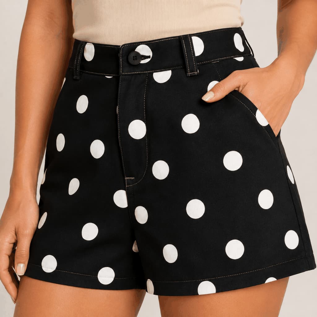 Short Feminino Poá Cintura Alta Alfaiataria Bolinha Preto e Branco com Bolso