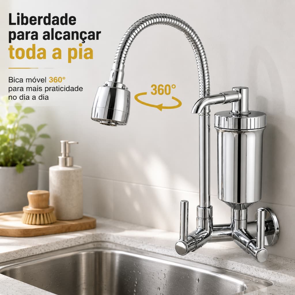 Torneira com Filtro Cozinha Parede Flexível 360° Duplo Jato Cromada ABS Purificador Gourmet Água