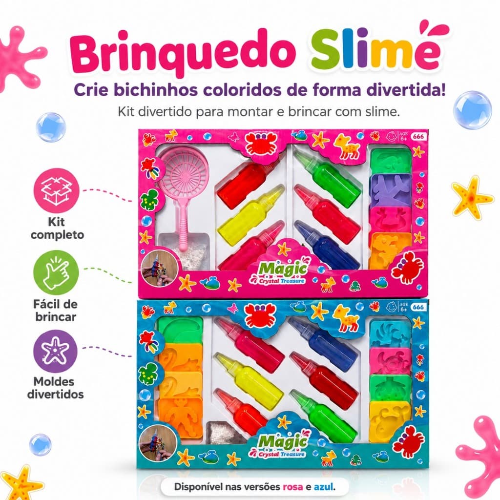 Kit 6 Frascos de Slime Fabrica de Bichinhos Gel Magico Figuras
