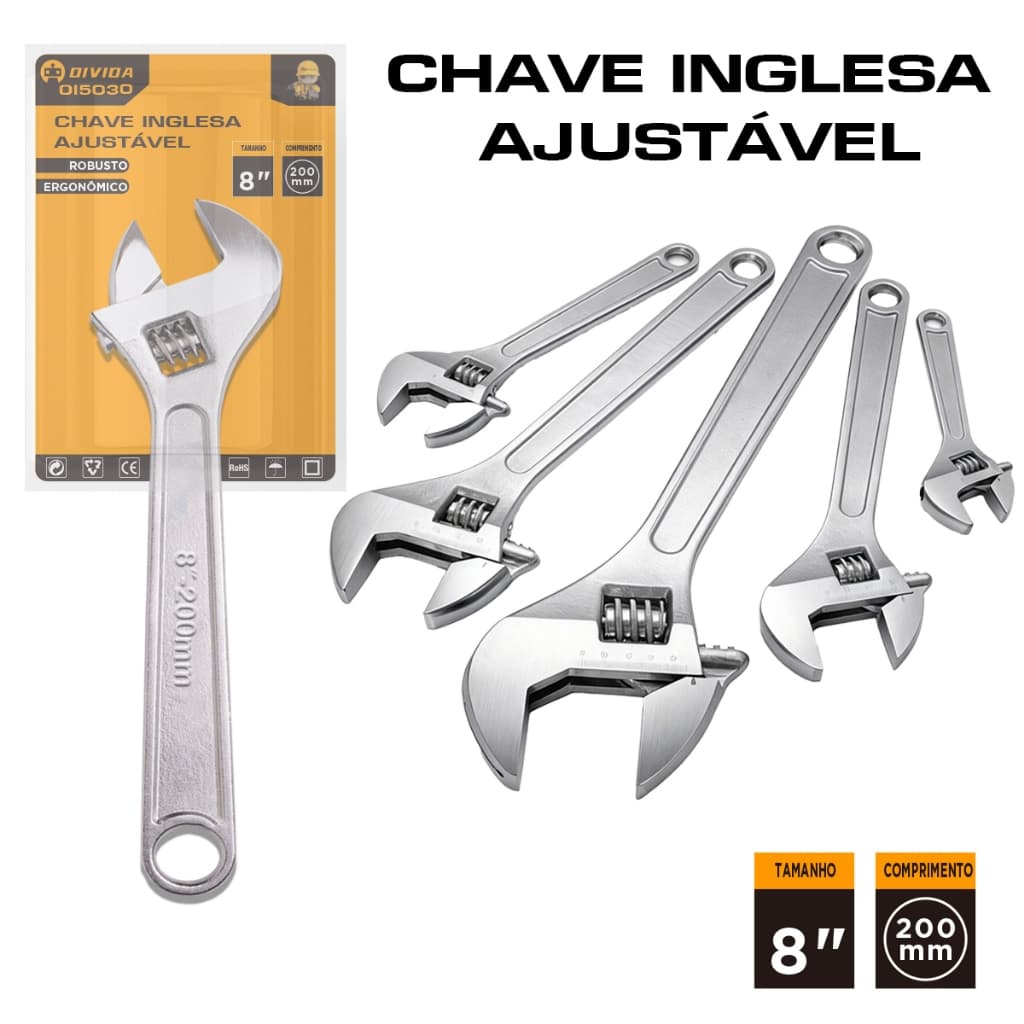 Chave Inglesa Ajustavel De Aço Profissional Aço Carbono Cromado, Resistente a Aruela e Fricção