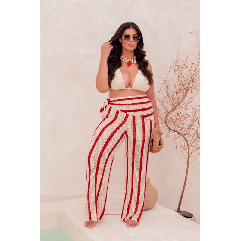 Conjunto Noronha calca + Lenço calça listrada tricot feminina
