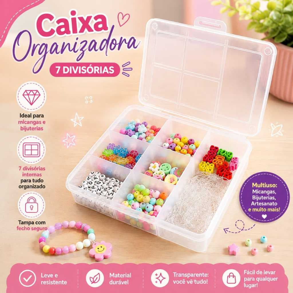 Caixa Organizadora 7 Divisorias Para Miçangas Bijuterias Com Tampa Trava Segura Caixa Organizadora